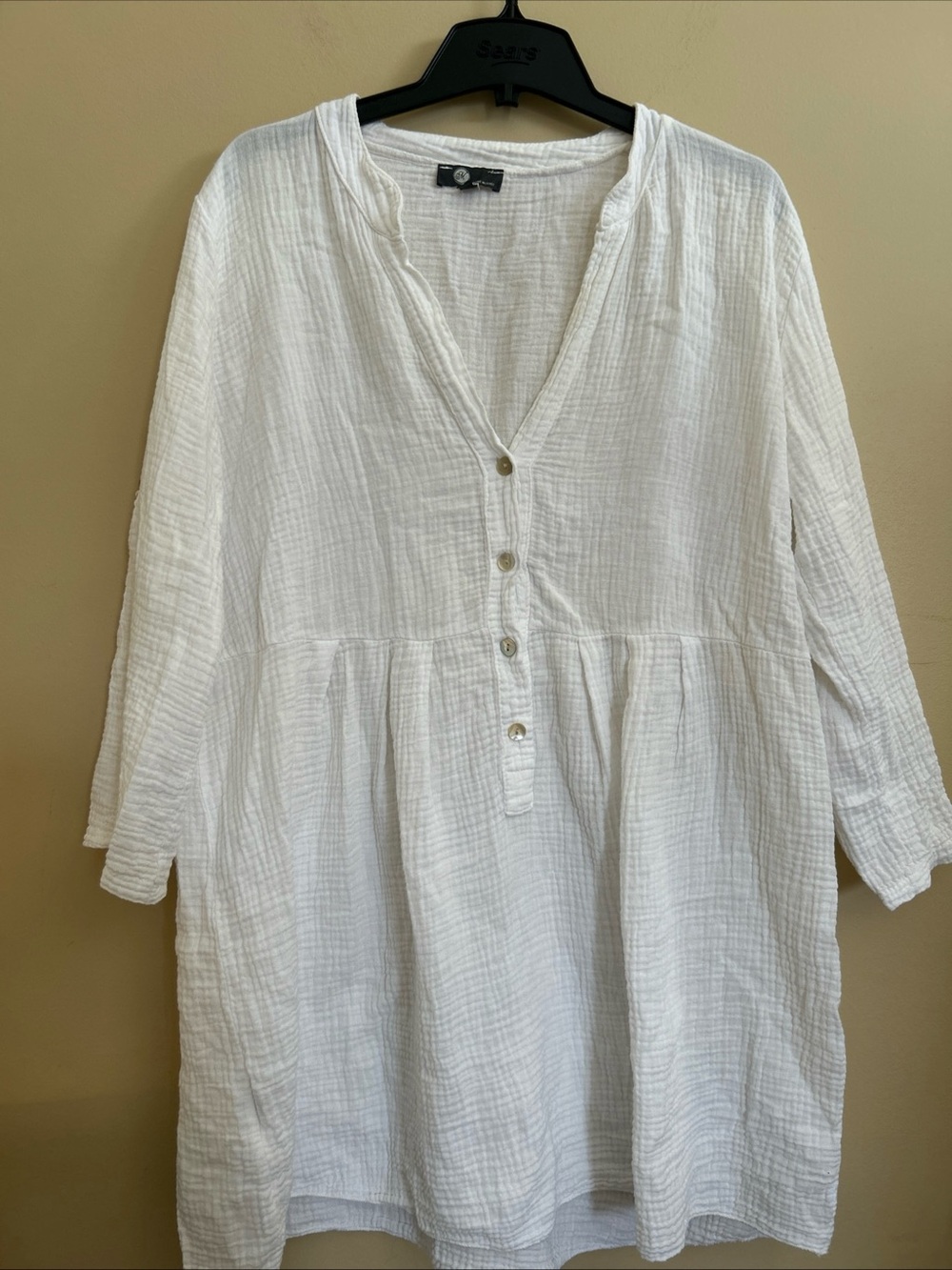 White Linen Gauze Button-Front Tunic Dress/long top
